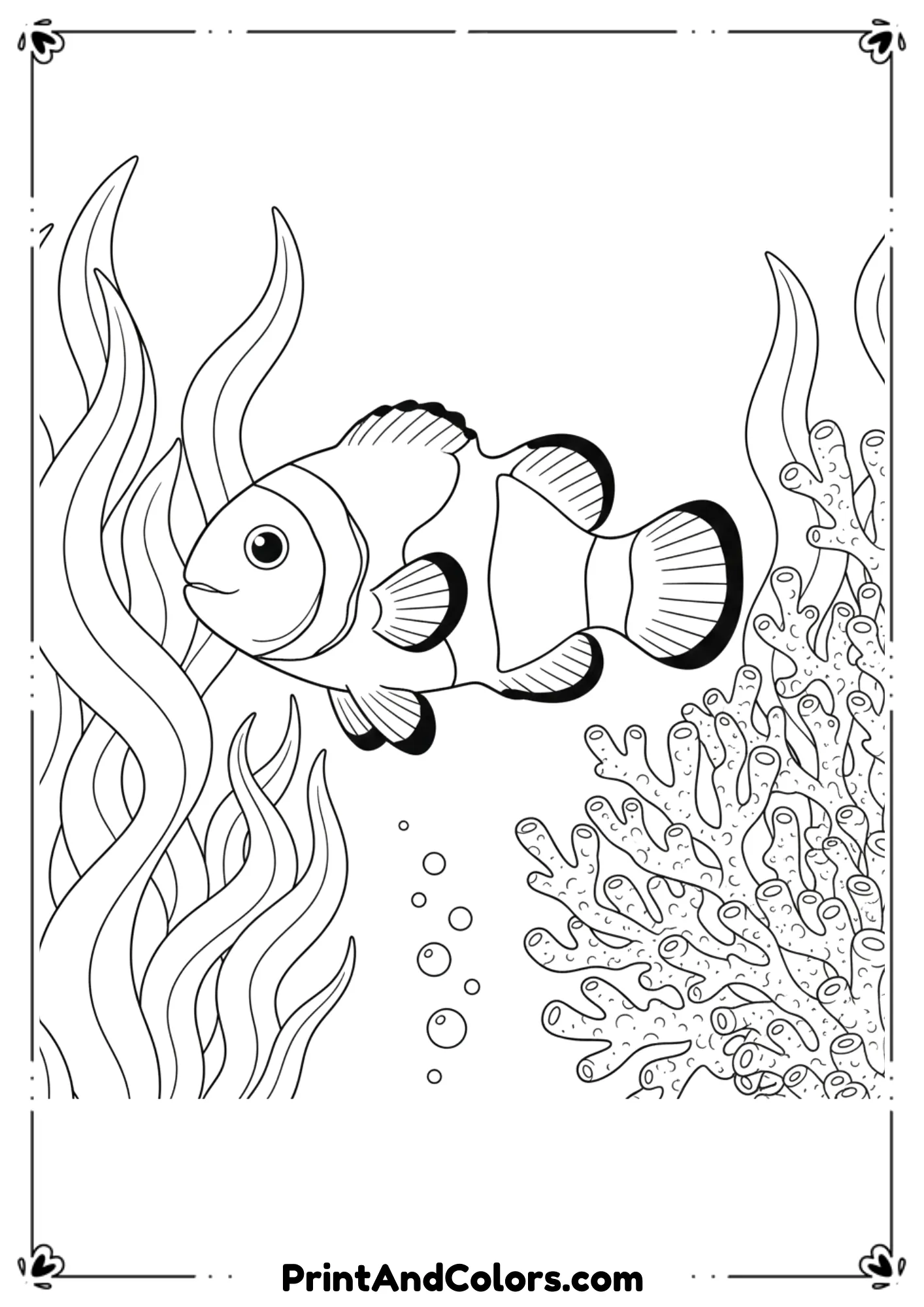 Clownfish with clear stripes swimming through wavy seaweed and branching coral. Clean detailed outline for coloring.
