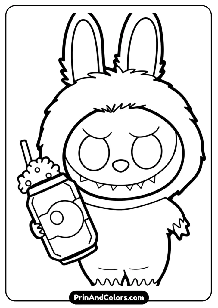 Line drawing of Labubu sipping Coca-Cola, holding a can with bubbles, playful cartoon style.