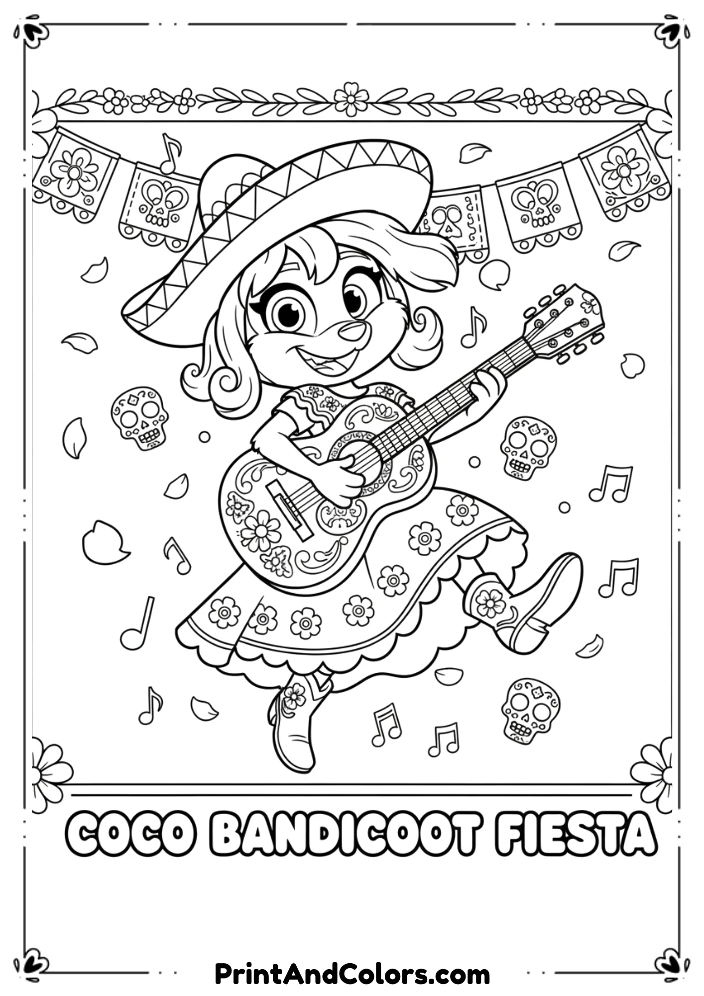 Creative mashup line art of Coco Bandicoot character in playful pose, designed for fun printable coloring sheet.