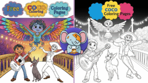 Coco Coloring Pages showing Miguel, Hector, Dante, Pepita, and the marigold bridge with text ‘Free Coco Coloring Pages’ at the top center