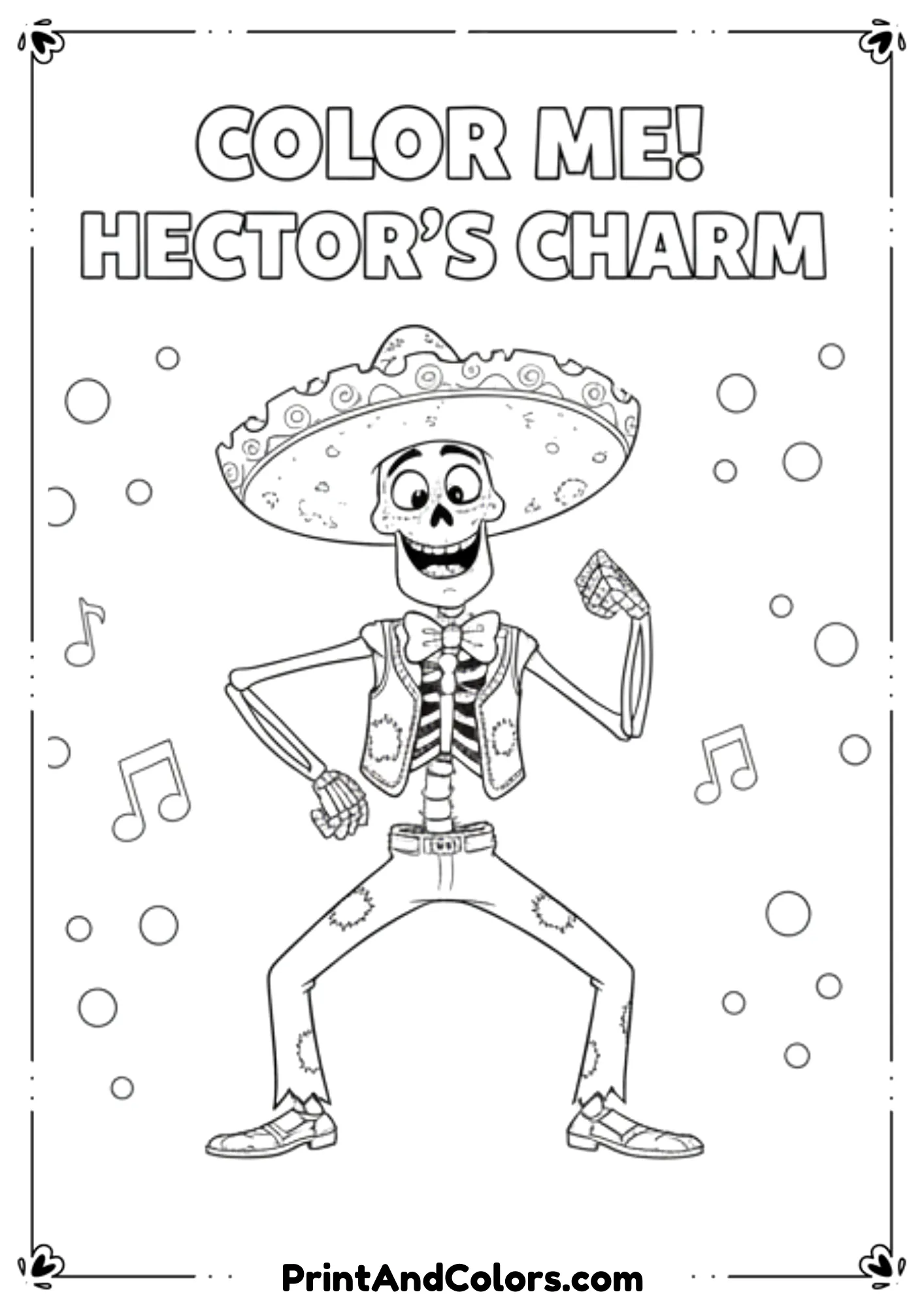 Variety of black and white Coco character outlines including Miguel, Hector, and Dante, designed as easy printable coloring pages
