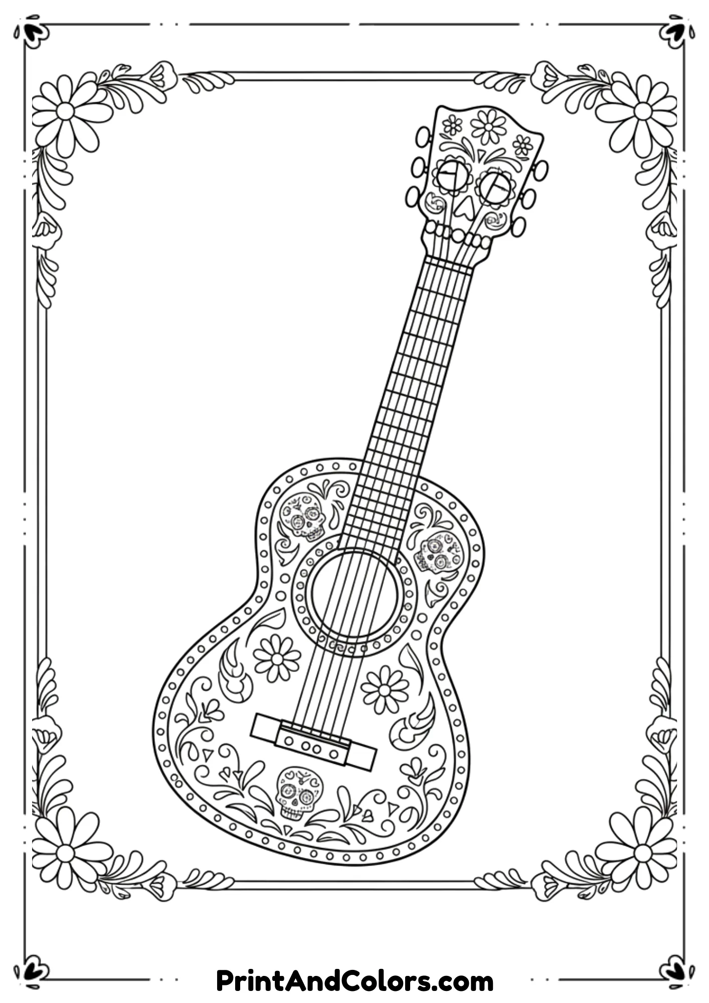 Black and white outline of Miguel’s iconic Coco guitar with decorative patterns, designed as simple coloring page for kids