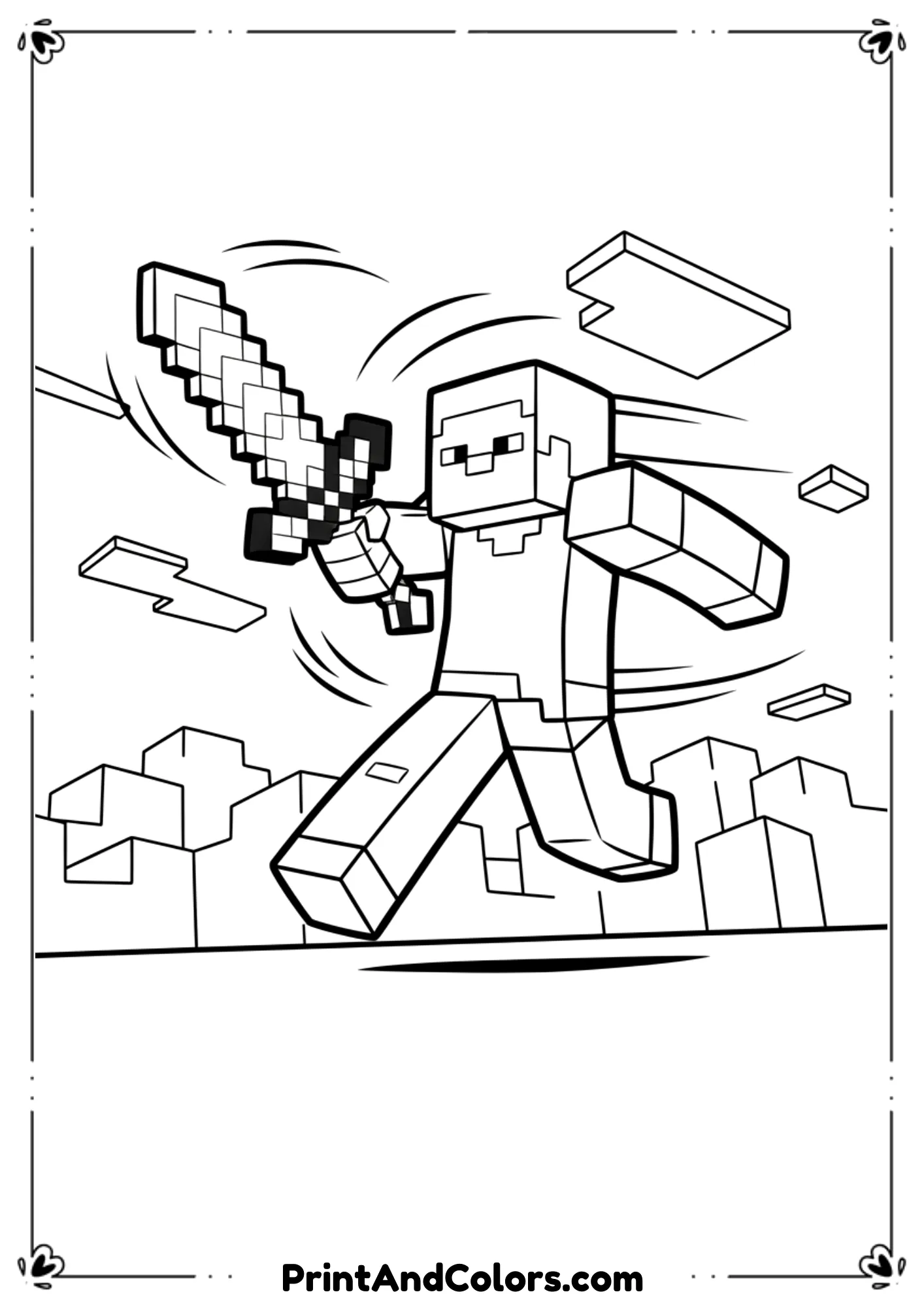 Black and white line illustration of Minecraft Steve in action, swinging a tool or running forward, dynamic pose, simple background, bold outlines, no shading, printable coloring page for kids.
