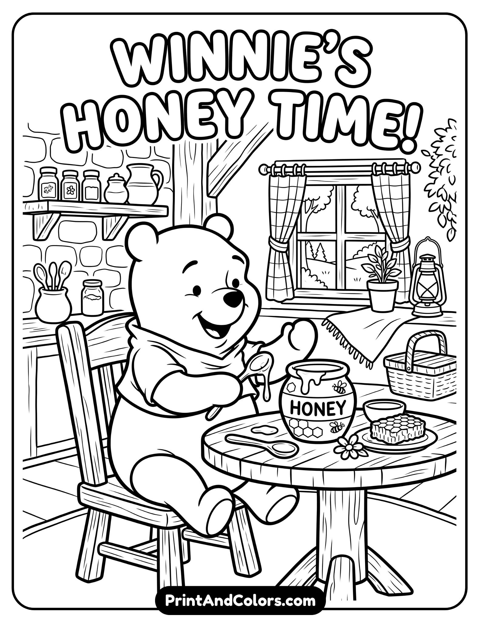 Black and white coloring page of Winnie the Pooh sitting at a wooden table with a honey pot and spoon, cheerful expression, simple kitchen or picnic setting, bold outlines and clear shapes for coloring