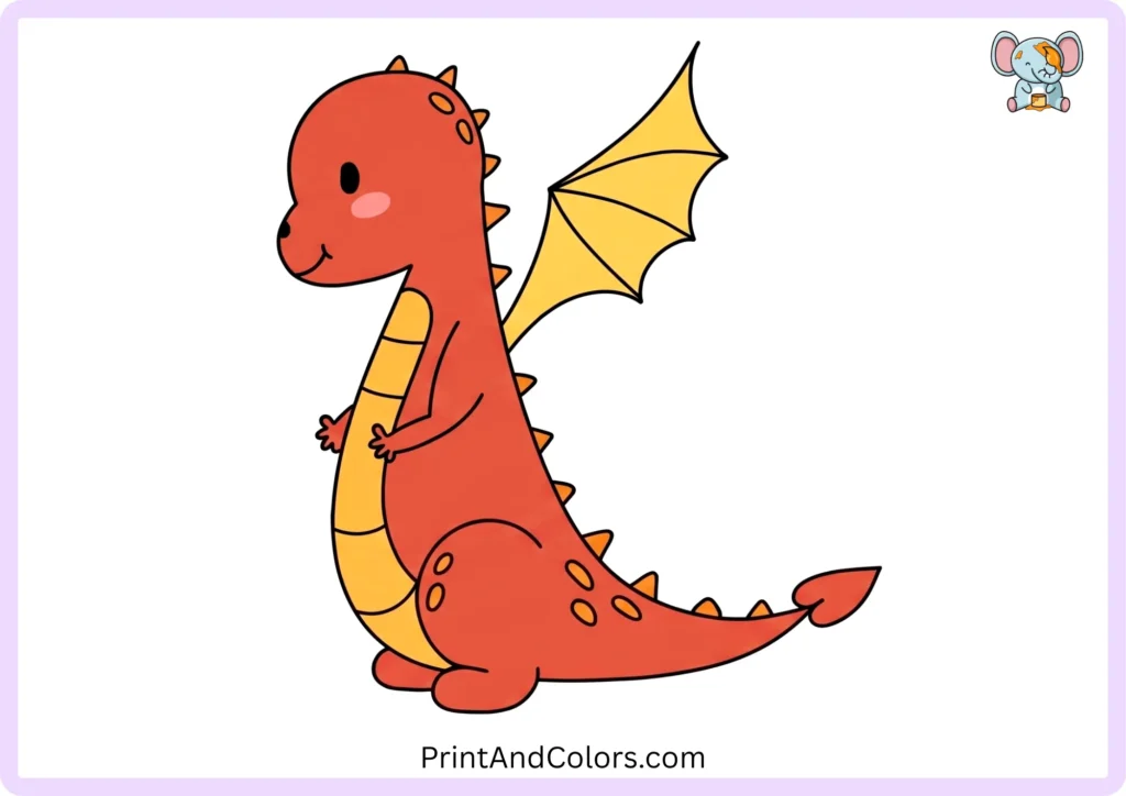 Completed easy dragon drawing colored green with a lighter belly and wing, darker spots and spikes, pink cheek, and black facial details