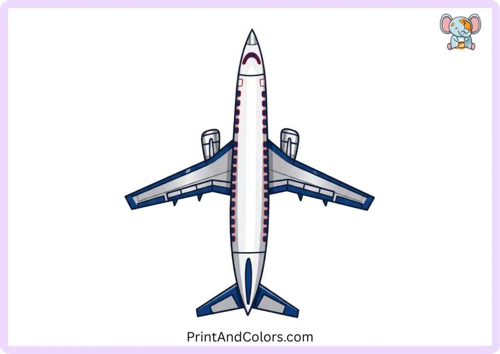 Step 9 showing the completed top-view airplane drawing with the fuselage, large wings, tail wings, two engines, structural details, and windows outlined and filled with bright colors.