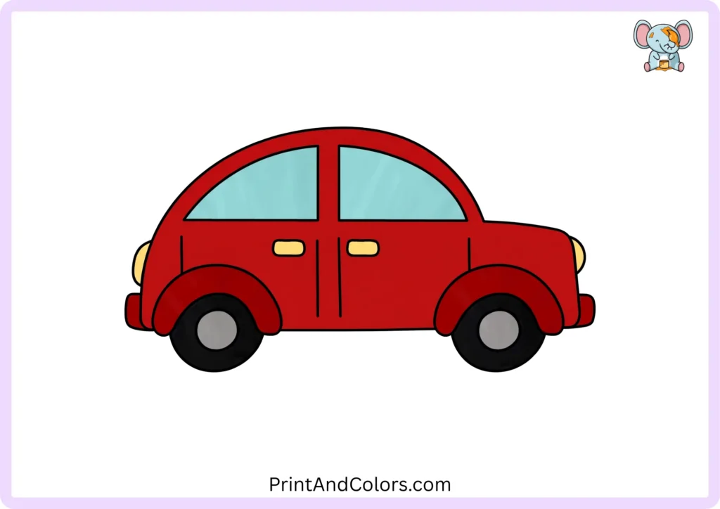 Step 11 showing the completed car drawing colored with a bright body, blue windows, dark tires, colored lights, and detailed wheels, ready for kids to enjoy.