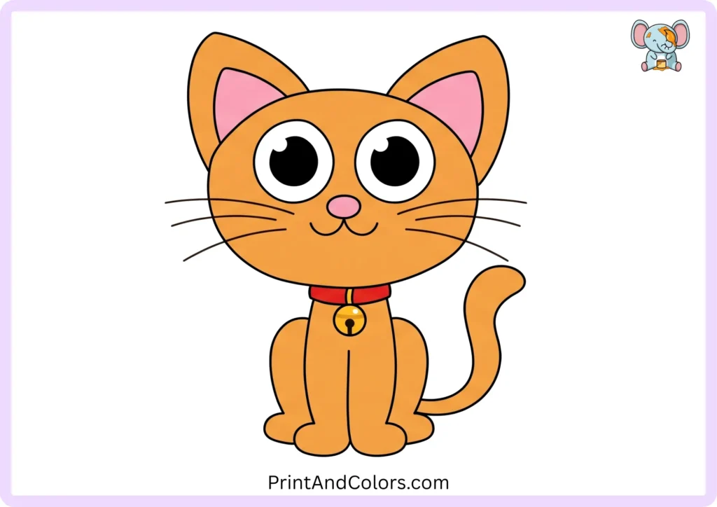 Step 12 showing the completed cute cat drawing fully colored with dark fur, pink inner ears and nose, bright eyes, paws, curved tail, whiskers, and collar