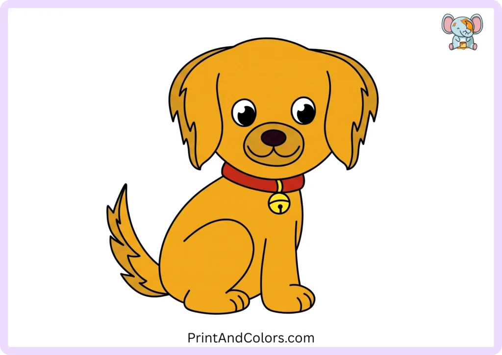 Completed dog drawing fully colored with warm brown fur, darker brown details, black eyes and nose, white eye highlights, and a colorful collar