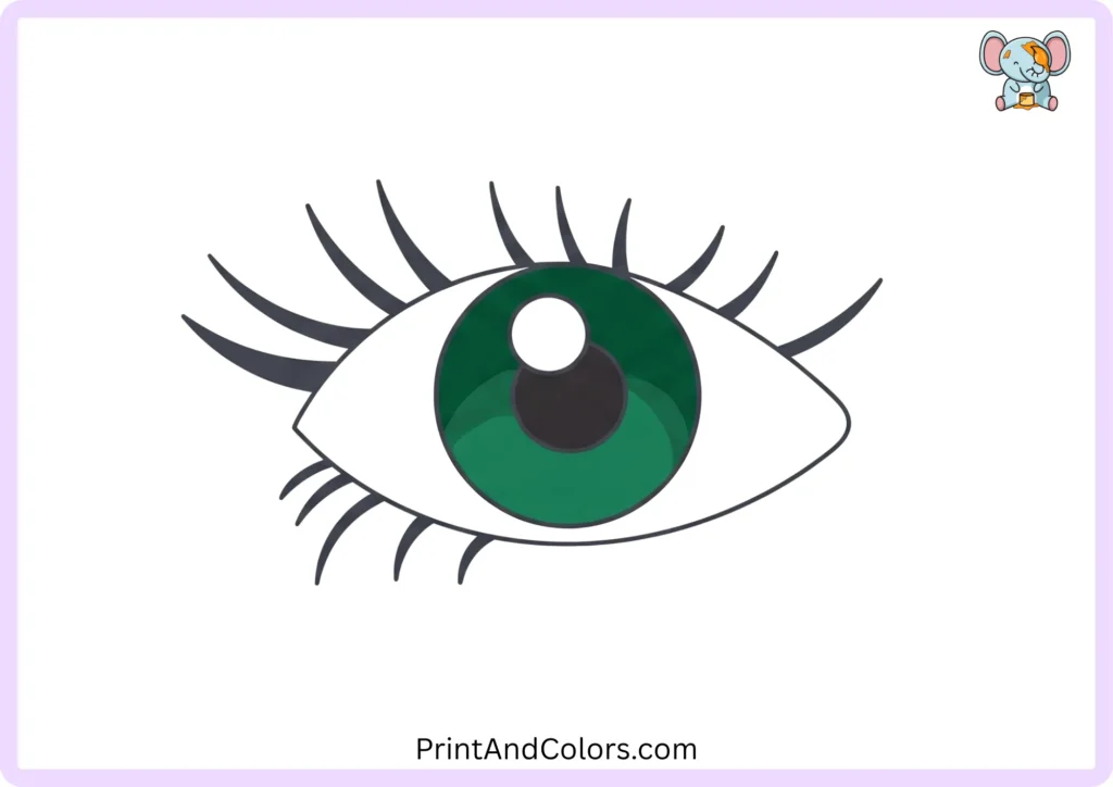Step 9 showing the completed colored eye drawing with a blue-gray iris, black pupil, white highlight, white eye area, and black upper and lower eyelashes