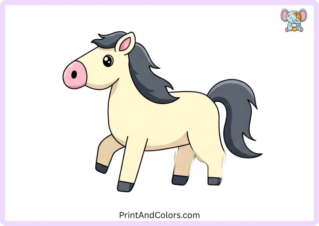 Step 13 showing the finished horse drawing fully colored with a reddish-brown body, light peach muzzle and inner ear, dark mane and tail, dark brown hooves, and a black eye with white highlights
