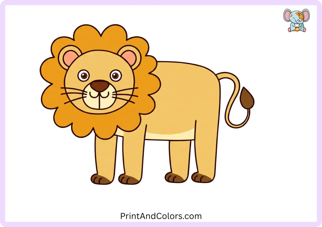 Finished lion drawing colored with a golden tan body, brown fluffy mane, light muzzle, pink inner ears, and dark facial features