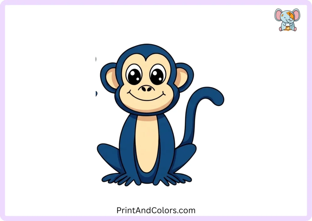 Step 14 showing the completed monkey drawing colored dark brown and light tan, with a smiling face, large ears, expressive eyes, rounded belly, long arms, large feet, and curved tail.