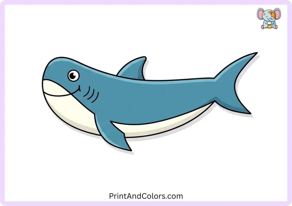 Step 11 showing the completed shark drawing colored in medium gray with a lighter underbelly, darker details on the fins, a black eye, and a small white eye highlight