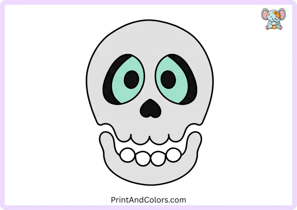Step 6 showing the completed skull drawing with clean dark outlines, black eye sockets and nasal cavity, a light cream skull, and subtle colored shading