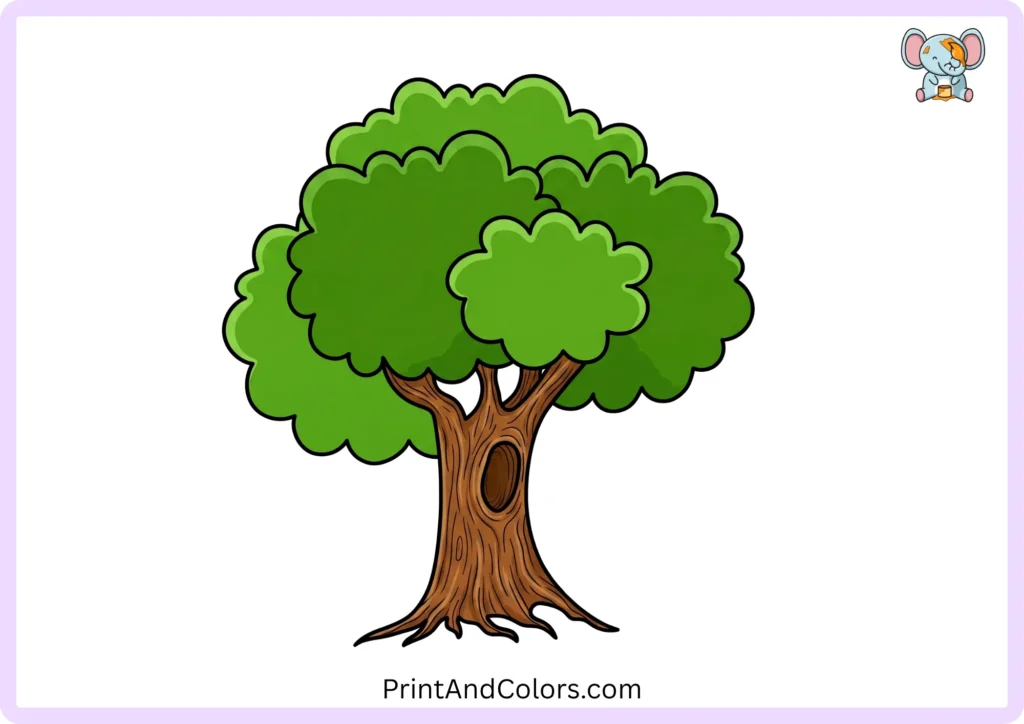 Completed tree drawing colored with green leaves, brown trunk, branches, and dark brown trunk knot