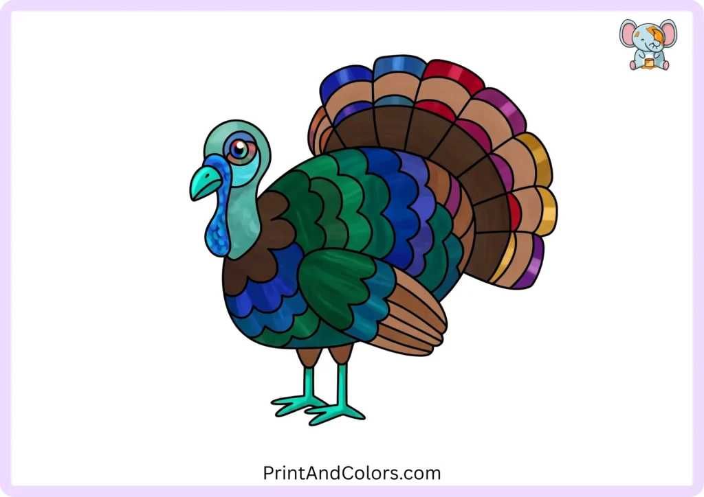 Easy turkey drawing step 14 showing a finished colored turkey with brown feathers, orange feet and beak, and red wattle