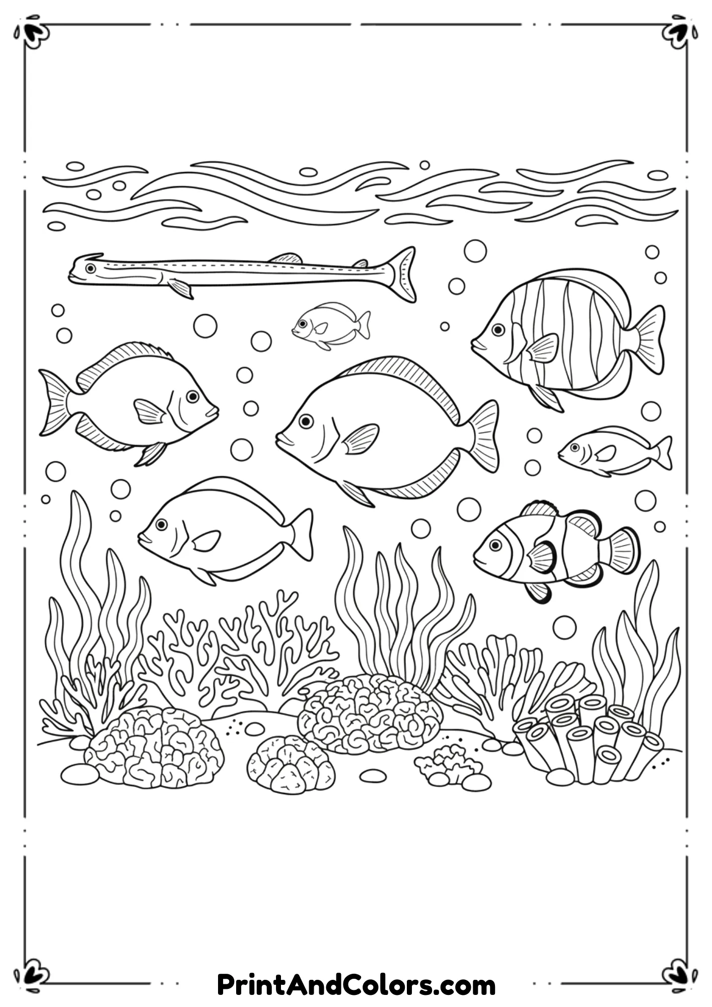 Collection of various fish outlines in one page—small fish, big fish, cartoon fish, realistic fish—surrounded by bubbles and simple sea plants.