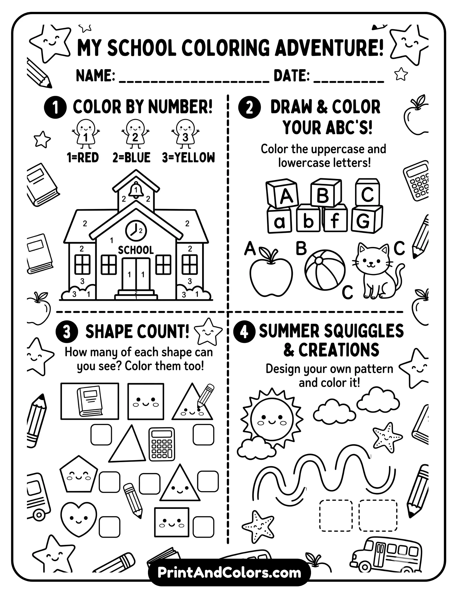 elementary-level black-and-white worksheet with multiple coloring sections, simple prompts, and friendly school icons. Balanced layout with lots of white space for coloring.