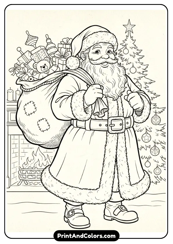 Vintage-style Santa with long coat, old-fashioned boots, classic hat, and traditional gift sack. Antique details but easy-to-color outlines