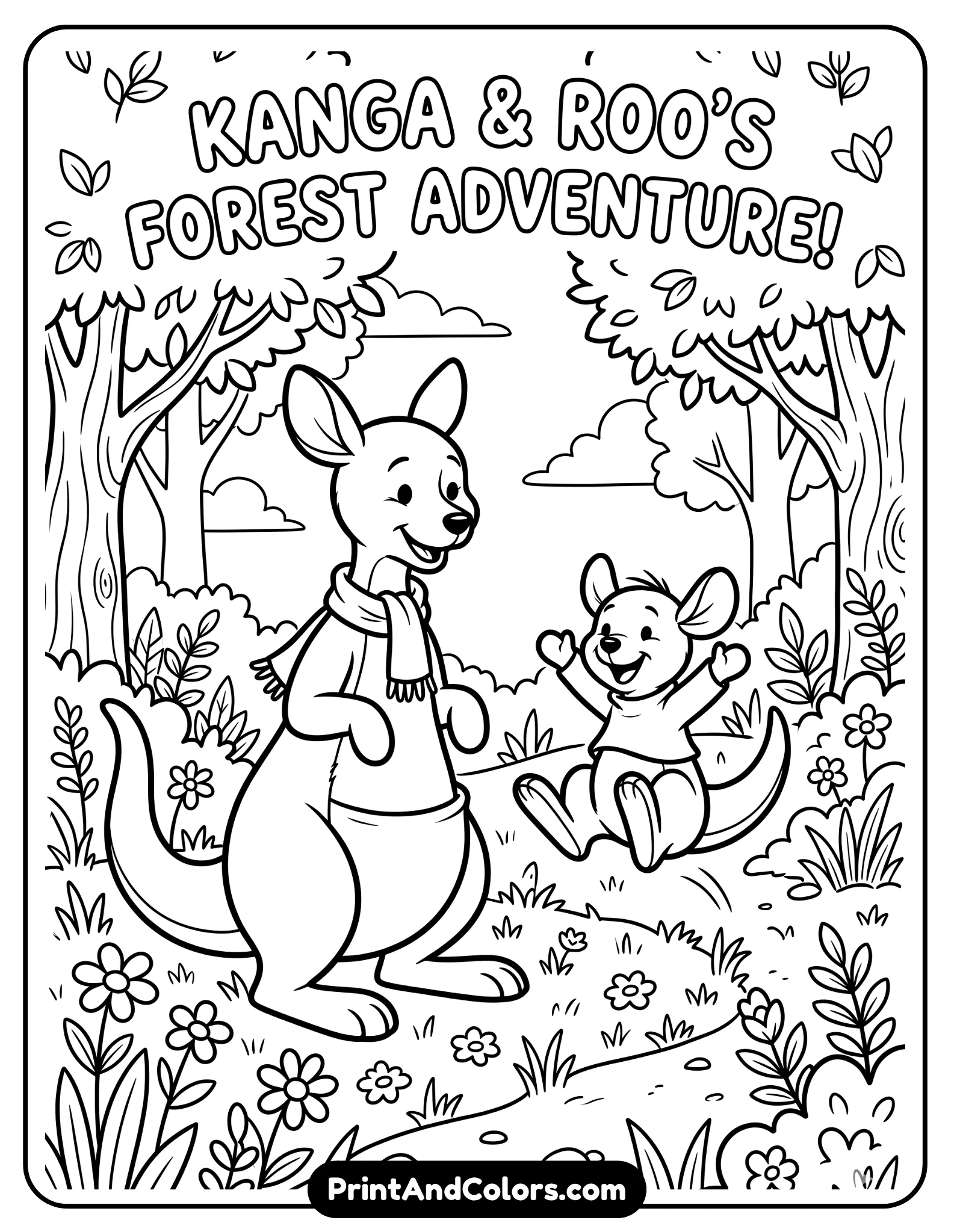 Black and white coloring page of Kanga standing while Roo happily jumps beside her, gentle forest setting with grass and flowers, warm family scene, bold cartoon outlines for kids coloring books