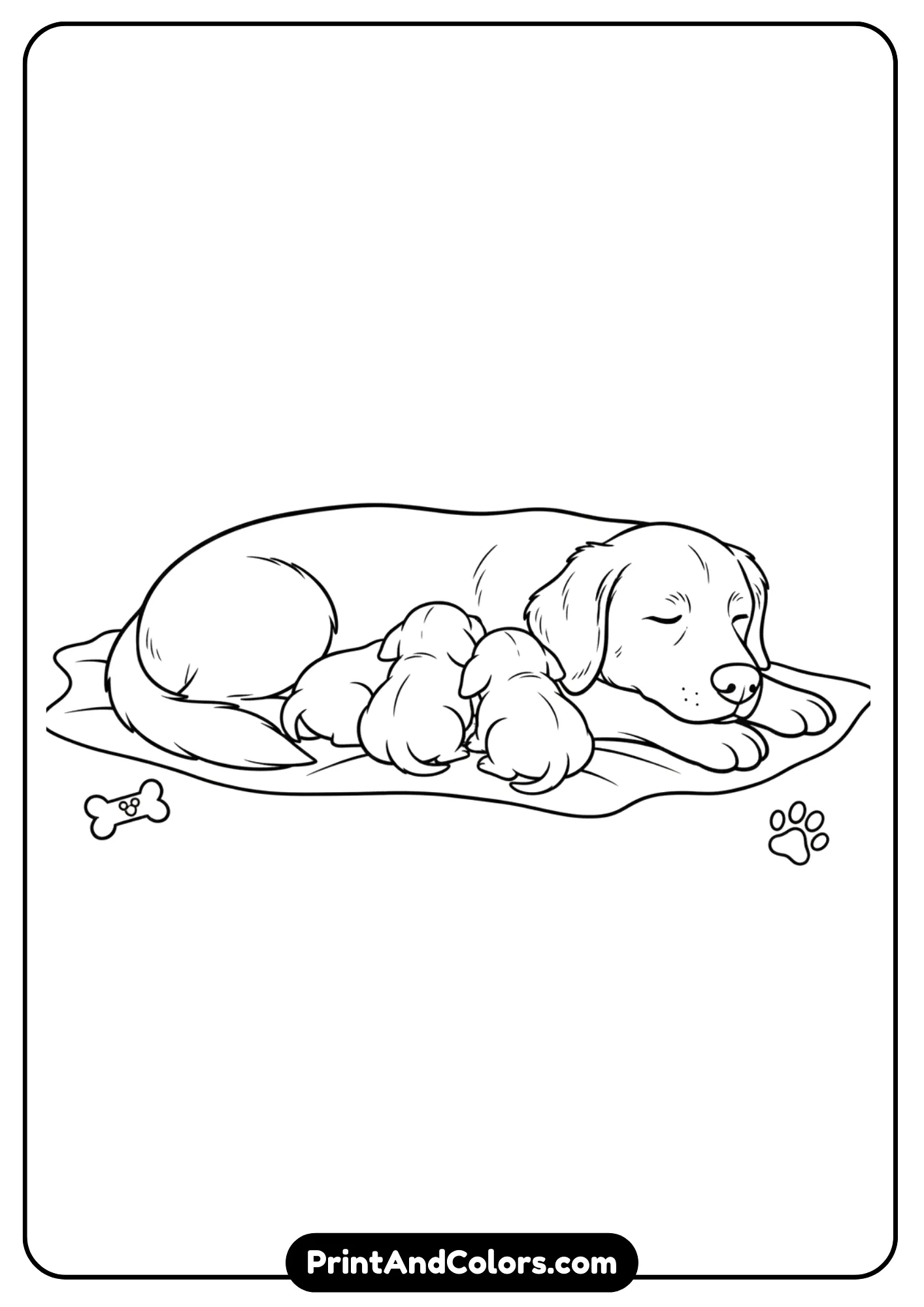Black and white outline of a mama dog lying down with her puppies cuddling beside her. Clear outlines for coloring