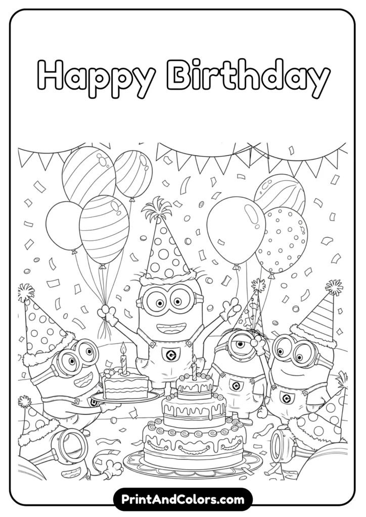 Several Minions celebrating a birthday party with balloons, cake, and party hats, drawn in black-and-white line art for coloring