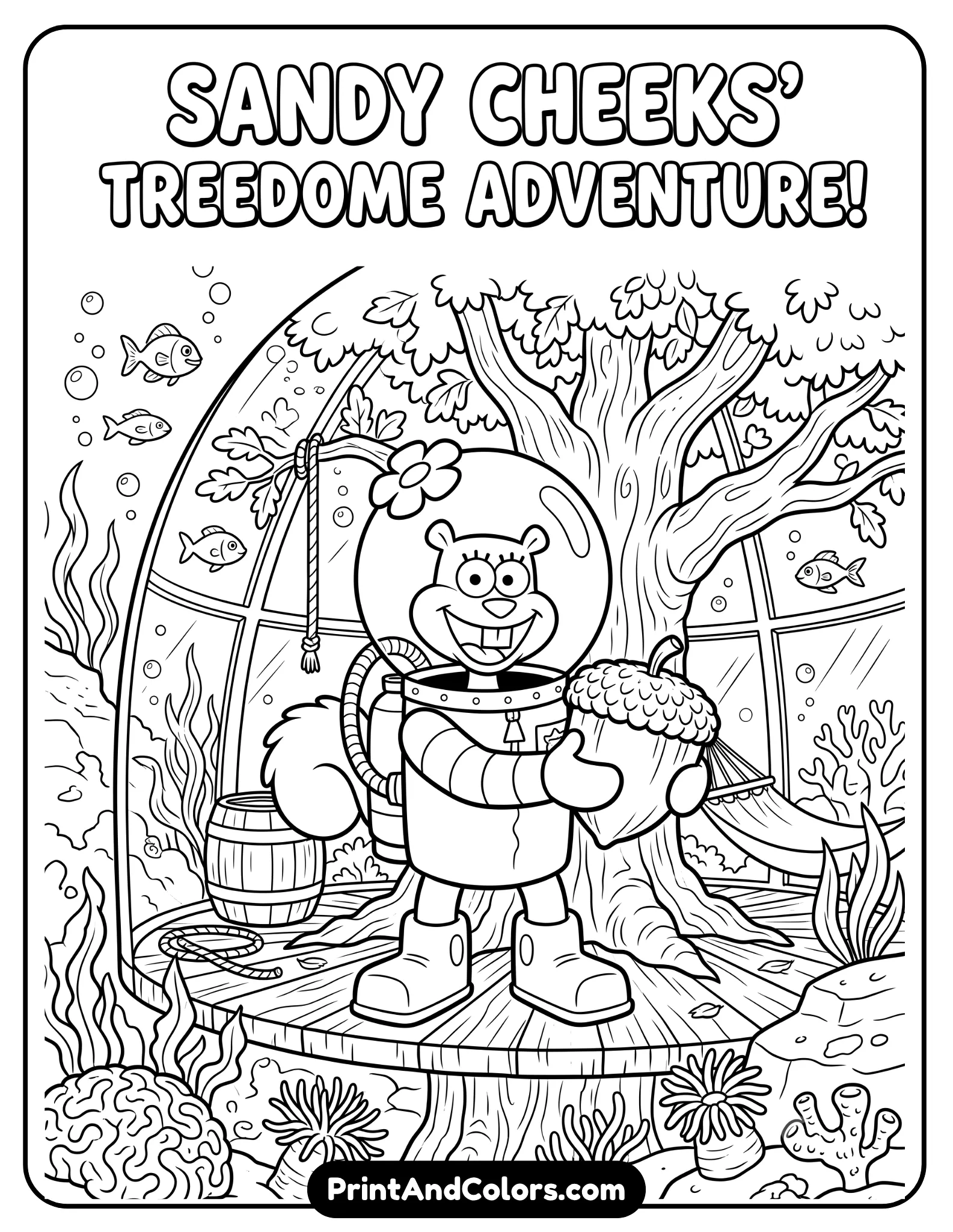 Detailed black and white coloring page of Sandy Cheeks in her underwater suit holding an acorn, cheerful cartoon pose, dome background with underwater plants and bubbles, clean printable outlines, fun coloring activity for kids
