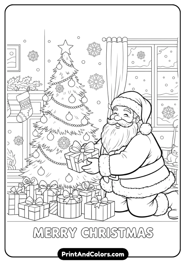 Santa delivering presents beside a Christmas tree. Include wrapped gifts, stockings, snowflakes, and warm expressions