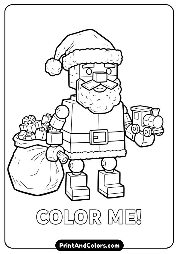 Black and white line drawing of LEGO-style Santa Claus with blocky shapes, clear edges, and toy-like details. Perfect for coloring