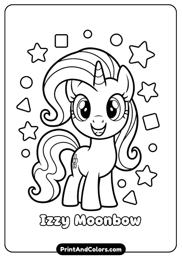 Illustrate a preschool-friendly black and white coloring page of Izzy Moonbow smiling with stars and simple shapes around. Thick outlines, no shading, easy to color.