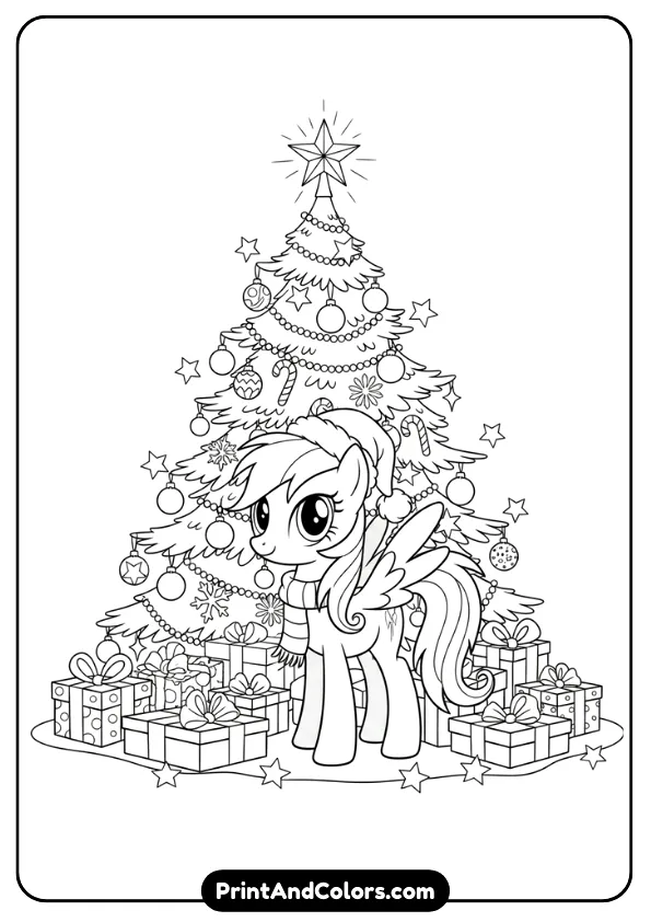 Illustrate a black and white Christmas coloring page showing a My Little Pony character standing in front of a decorated Christmas tree. Gifts, ornaments, and stars. Clean outlines, no shading.