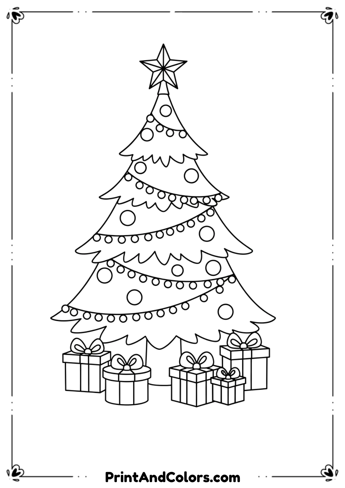 Simple outline of a Christmas tree with baubles, lights, and gifts underneath.
