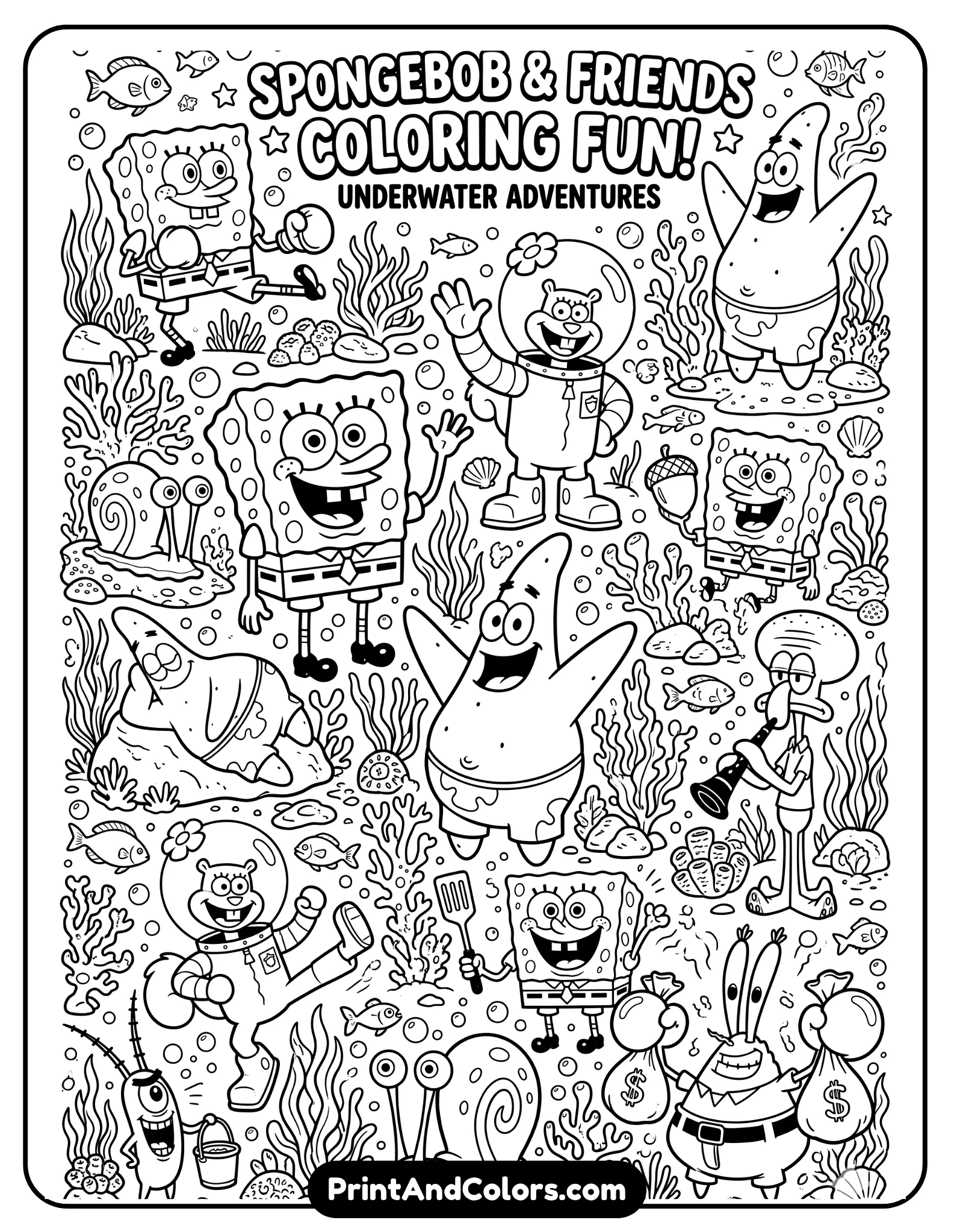Printable black and white collage coloring page featuring multiple SpongeBob characters in separate fun poses, including SpongeBob, Patrick, Sandy, and Gary, underwater themed background with bubbles and coral, clean cartoon outlines