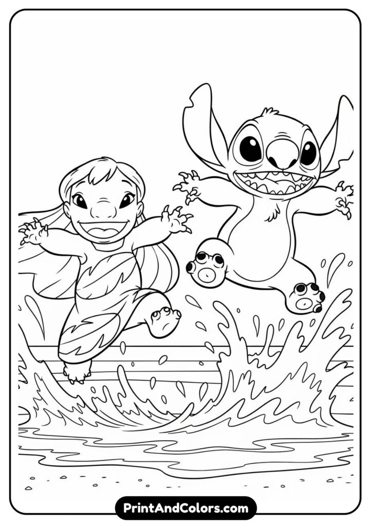 Lilo and Stitch jumping in the waves at a beach, both mid-air with happy expressions, splash details around them