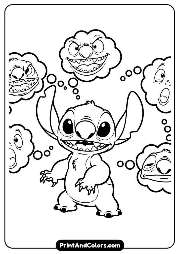 Classic standing pose of Stitch with multiple facial expressions in bubbles around him – angry, happy, surprised, sleepy