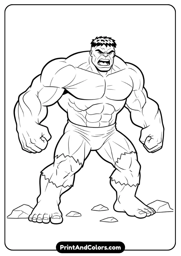 Incredible Hulk standing powerfully, muscles flexing, clean simple outlines, perfect for all ages to color.