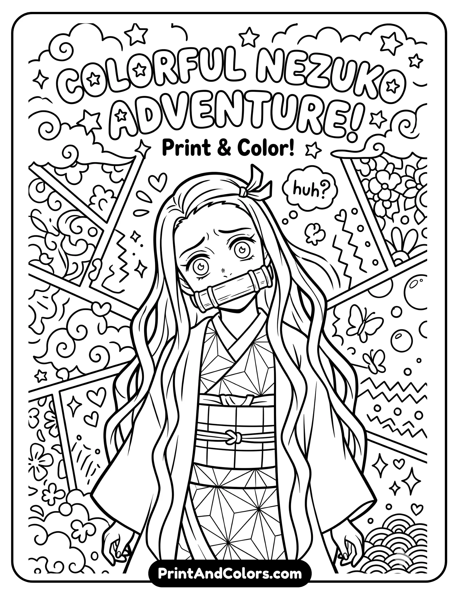 Nezuko with confused expression, tilted head, segmented background with panels or shapes, clean outlines, playful design