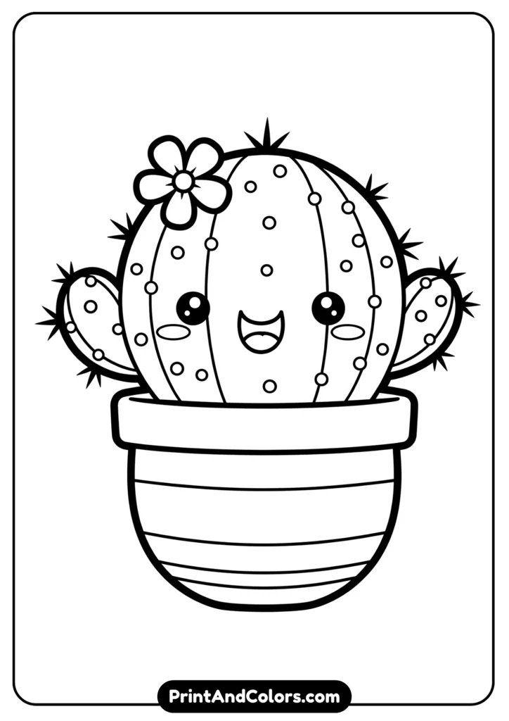 Black and white kawaii cactus in a pot, with a happy smiling face, simple bold lines for easy coloring