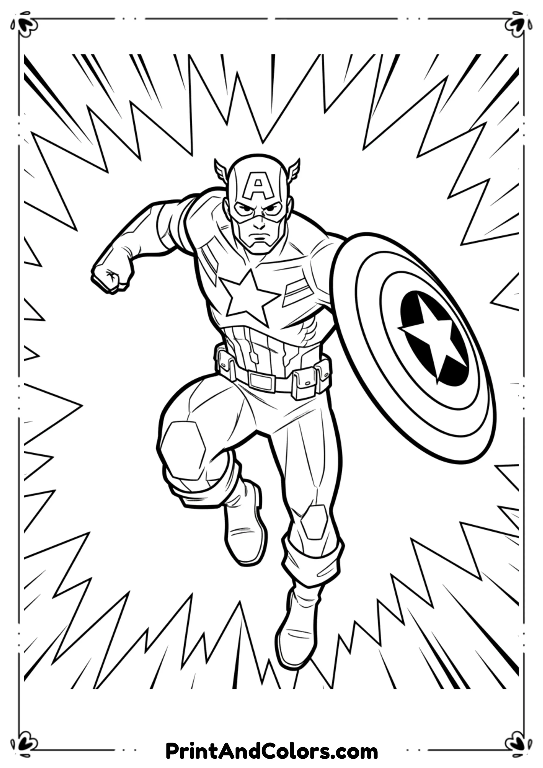 Trendy comic-style black and white line art of Captain America in an action pose, shield on arm, stylish outlines.
 