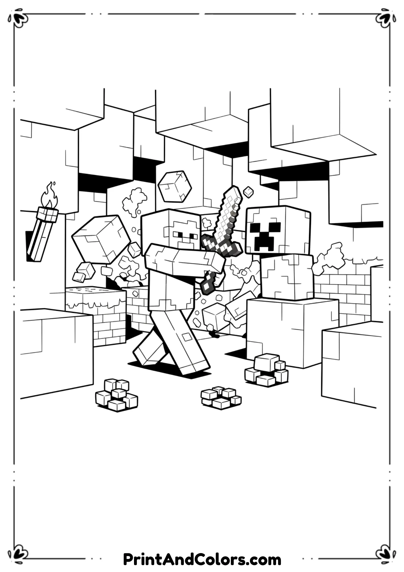  Black and white line art of a cool Minecraft scene featuring Steve with sword, Creeper, blocks, and dramatic action pose, fun kid-friendly style, bold outlines, no shading, printable coloring page.