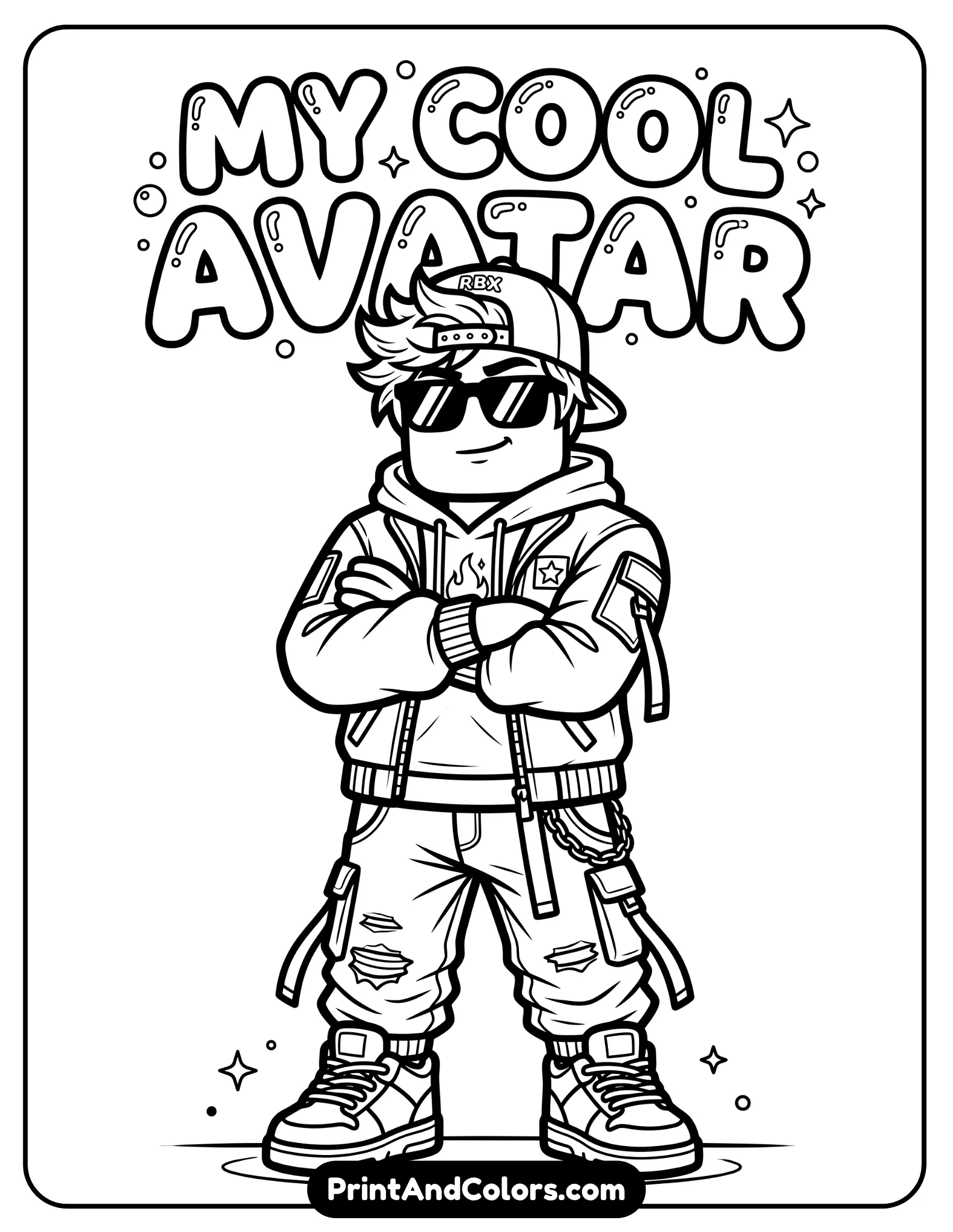 Stylish Roblox avatar with sunglasses, confident pose, crossed arms, modern outfit, clean bold outlines, minimal background