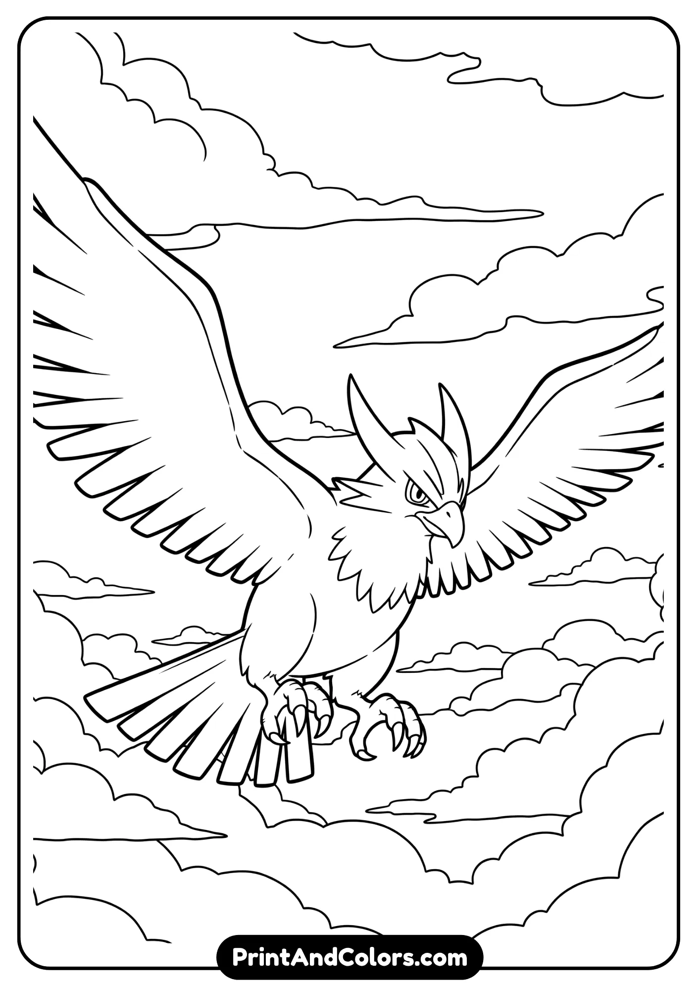 Corviknight flying through clouds – detailed coloring page.

