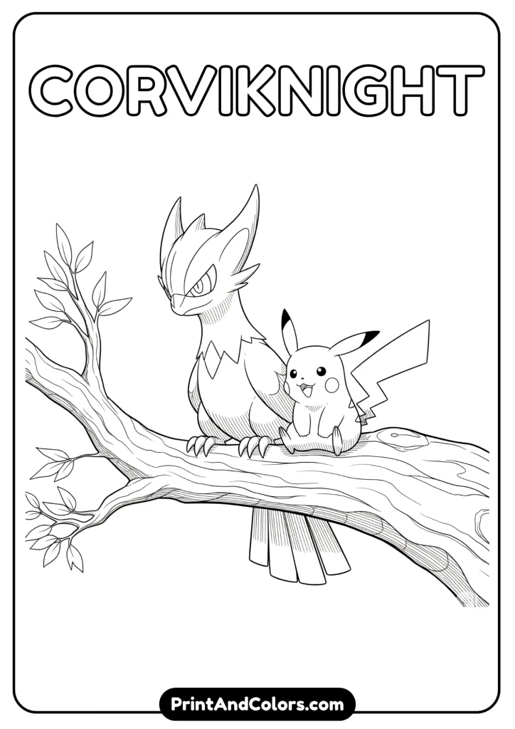 Pikachu and Corviknight on branch – peaceful coloring page.