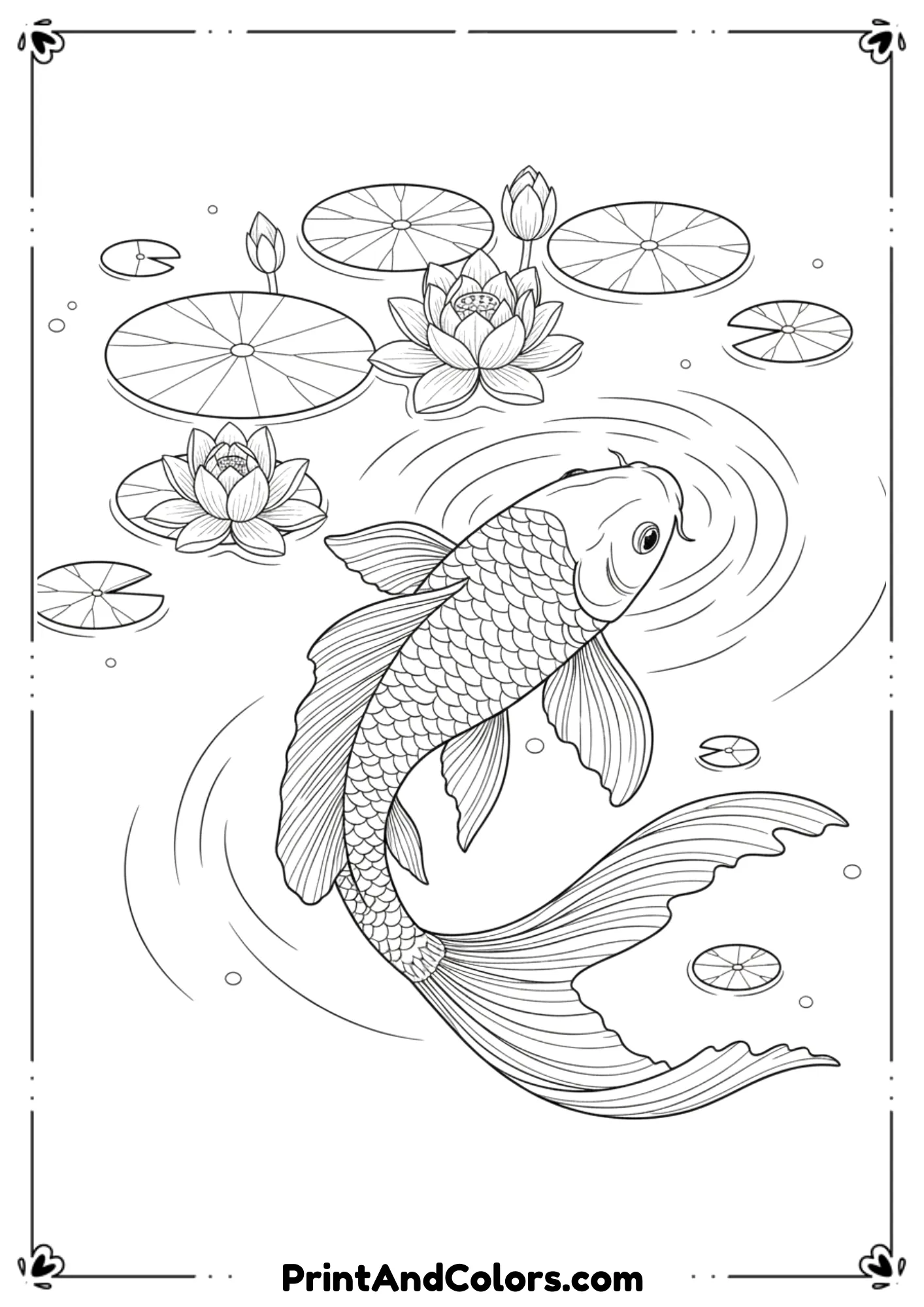 Draw a graceful koi fish with flowing fins swimming in calm water. Add lily pads, lotus flowers, and ripples. Elegant curved outlines, detailed but clean.