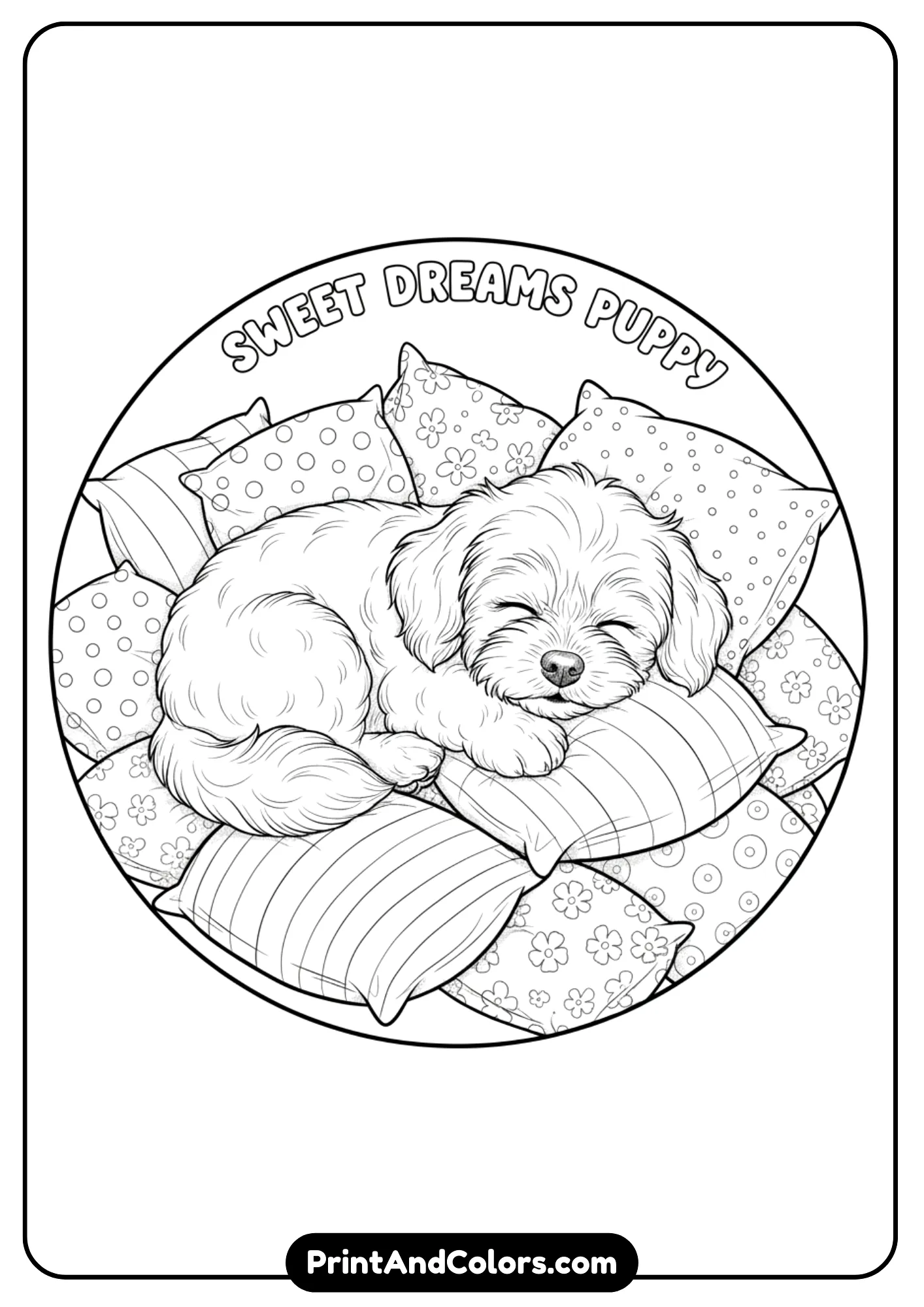 Outline of a fluffy Havanese puppy snuggled in soft pillows. Black and white clean lines for cozy coloring page