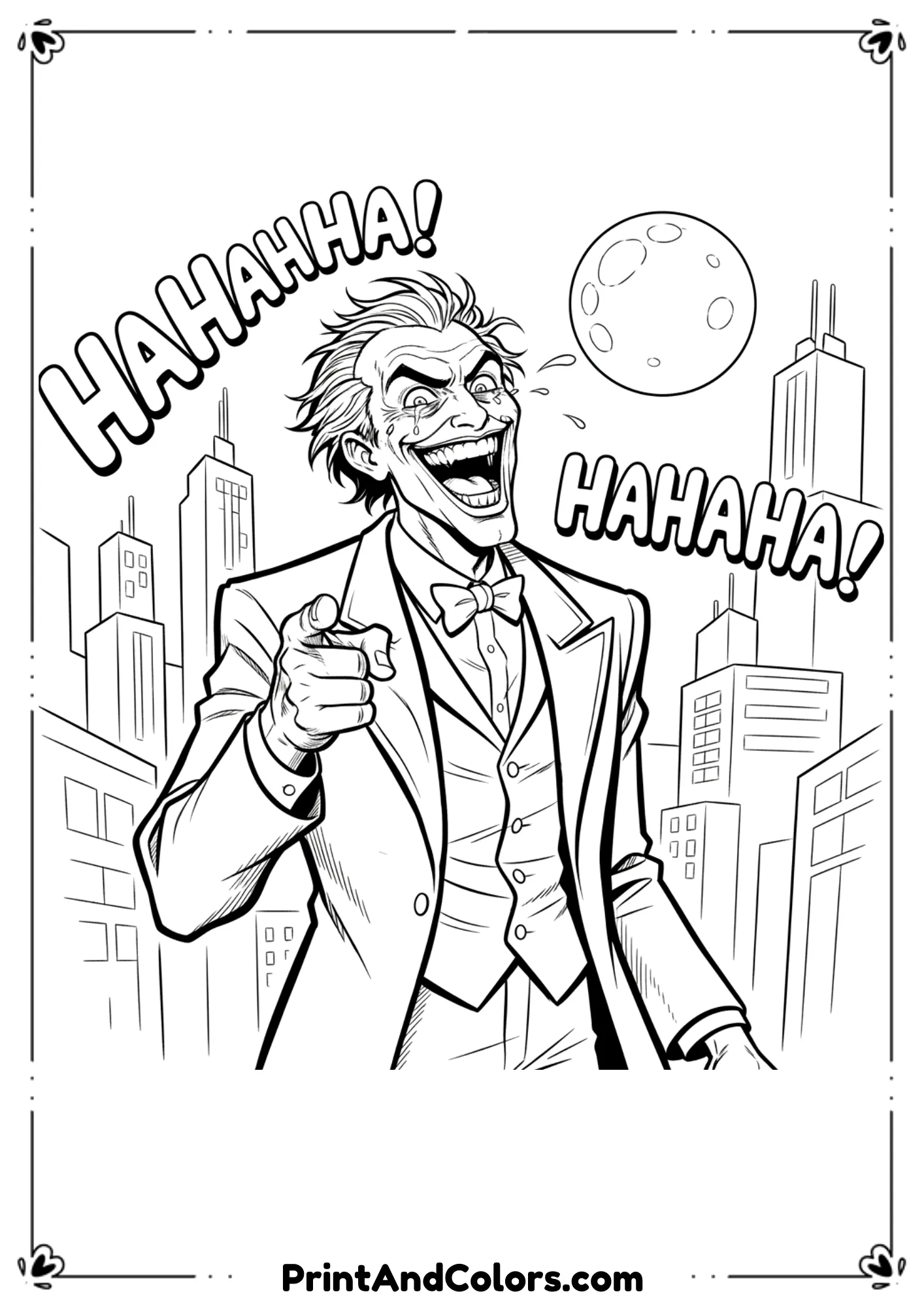  Joker pointing and laughing with crazy expression, black and white sketch with bold outlines.
