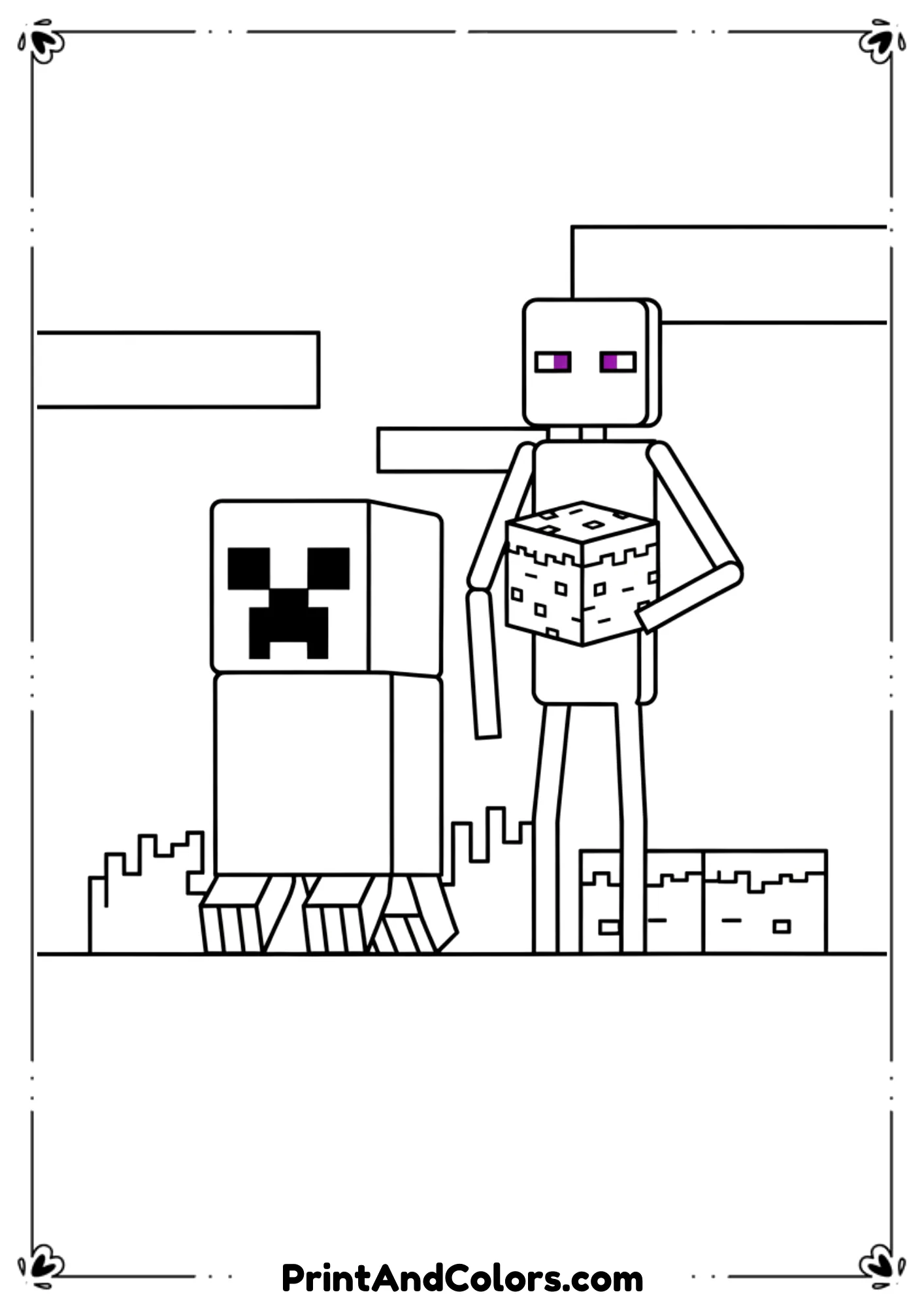  Black and white line art of a Minecraft Creeper and Enderman standing together, simple background, bold clean outlines, no shading or color, printable coloring page.

