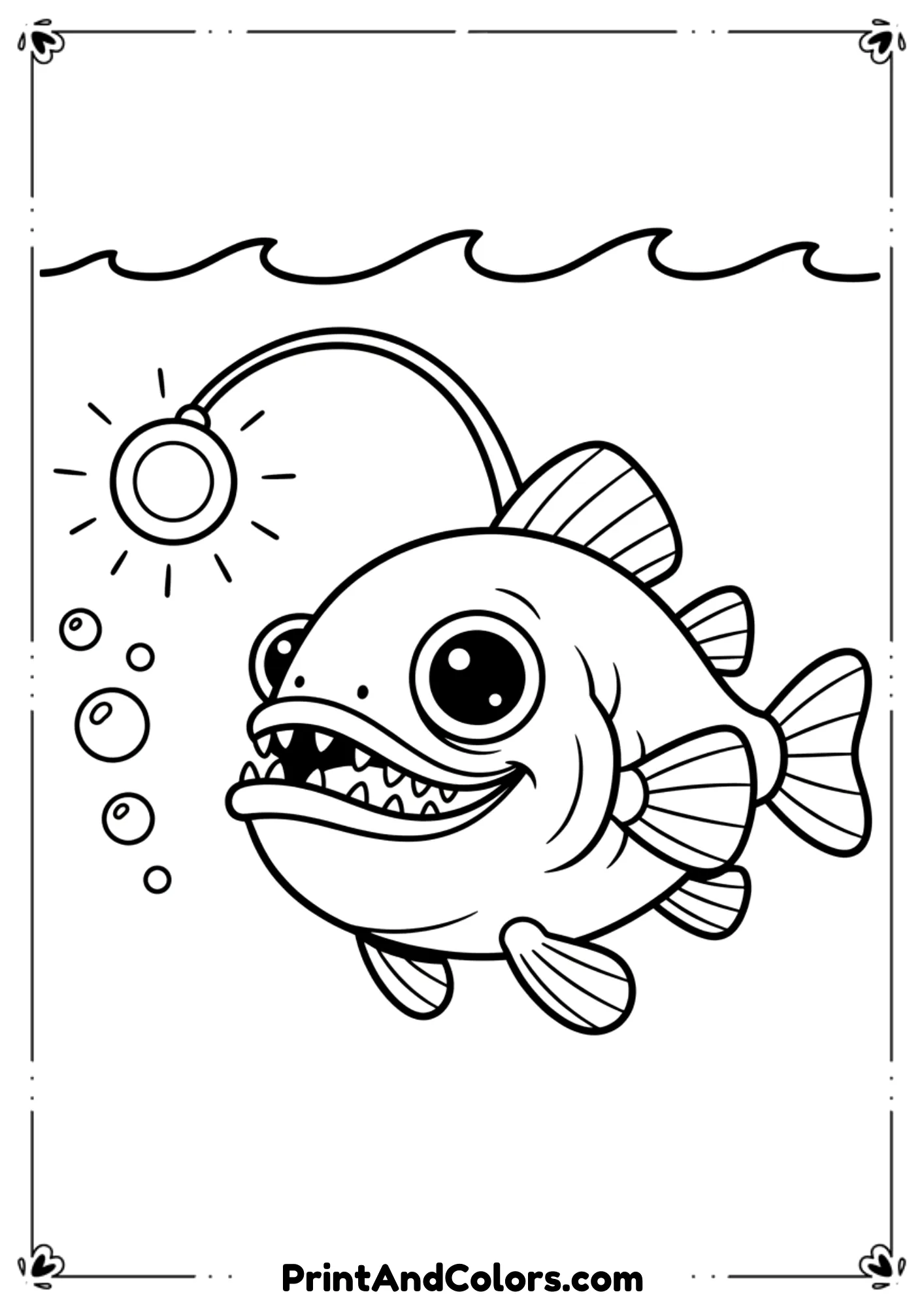 Slightly spooky but kid-friendly anglerfish with glowing lure, sharp teeth, big eyes, simple fins. Add minimal ocean waves and bubbles. Thick outlines.