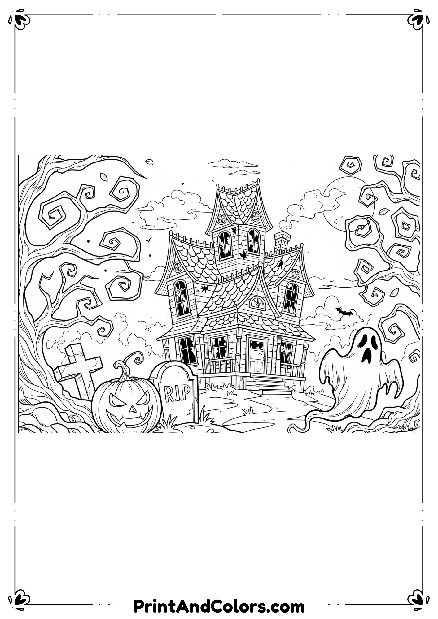 Haunted forest scene with creepy scarecrow, full moon, and twisted trees in black-and-white line art.